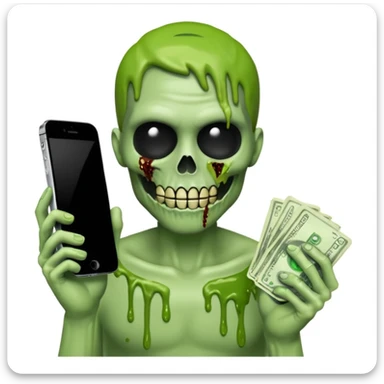 Emoji iPhone de la grande faucheuse, visage moitié squelette moitié zombie, slime vert dégoulinant, billets de 100$ flottant autour, tient une faux, fond blanc, style très effrayant, sans rien d'autre dans les mains, adapté pour photo de profil sticker