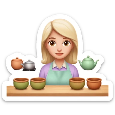 cartoon Apple iOS emoji style woman, pastel colors, Chilean wooden kitchen background, clay pots, warm light, detailed and clean vector art sticker