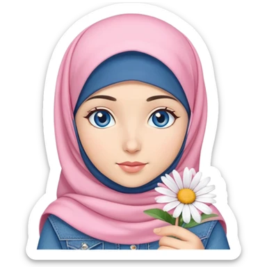 Turkish beautiful finish Konya girl blue eyes with denim hijab islamic dress and had on her hand pink daisy sticker