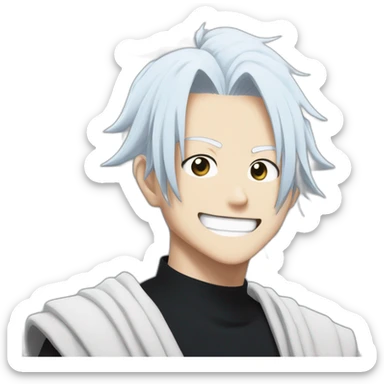 gojo satoru smiling from jujutsu kaisen with white hair, blue sky eyes, wear a black tshirt sticker