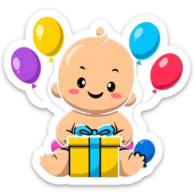 happy baby surrounded by birthday presents and colorful balloons sticker
