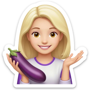 Girl smiling and holding one eggplant with two hands sticker