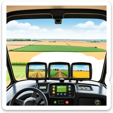 a view from the tractor cabin, with the dashboard in focus, overlooking a vibrant rural landscape. Inspired by Farming Simulator 22, the scene includes fields, crops, and distant barns under a bright sky. The design highlights the immersive experience of farm management. transparent background sticker
