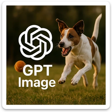  logo of chat gpt with text "GPT Image" on the background of a dog chasing ball, realistic image sticker