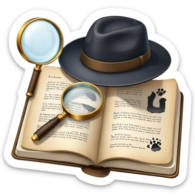 Icon for Detective Reading: an open book with text and a magnifying glass, a detective’s hat and a notebook with clues, surrounded by dark shadows and mysterious elements like footprints. Transparent background. sticker