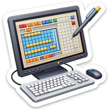 Professional icon for Game Design: computer screen with game interface, 3D models, pixel art, and design tools like grid, wireframe, and stylus. Symbolizes the technical and creative process of game development. Transparent background. sticker