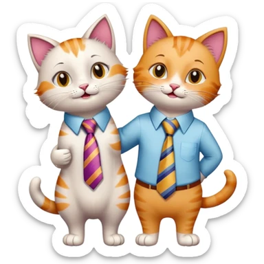 happy girl cat with eyelashes wearing a colorful necktie and happy boy cat wearing a professional necktie standing together and holding paws, both with loving expressions sticker