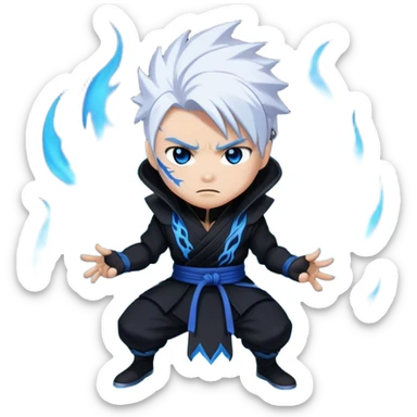 Gabimaru the Hollow, surrounded by blue flames, white hair, black ninja outfit, fierce look sticker