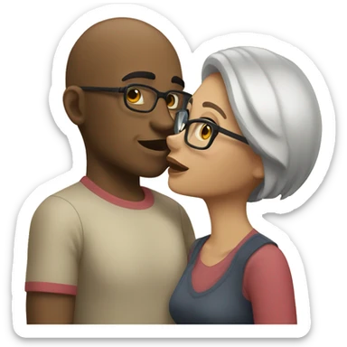 A couple kissing. The girl has short hair and wear glasses. Boy has thick eyebrows good body and a little bald sticker