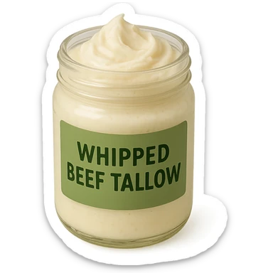 open jar of whipped beef tallow, green label, visible whipped texture, simple style, clean background sticker