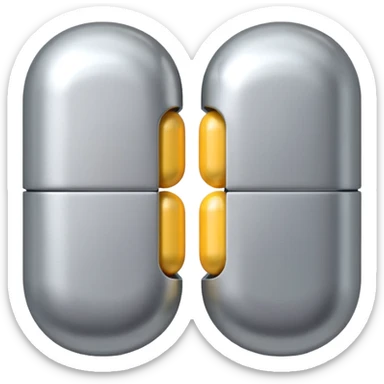 capsule pill emoji, metallic silver halves, smooth glossy finish, futuristic pharmaceutical 3D icon, isolated on white sticker