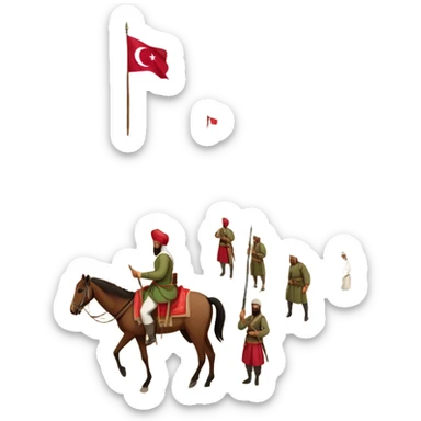 Early Ottoman settlement being built. Wooden houses, tents, and a small market. People in traditional Ottoman clothes, soldiers on horseback, and a flag waving sticker