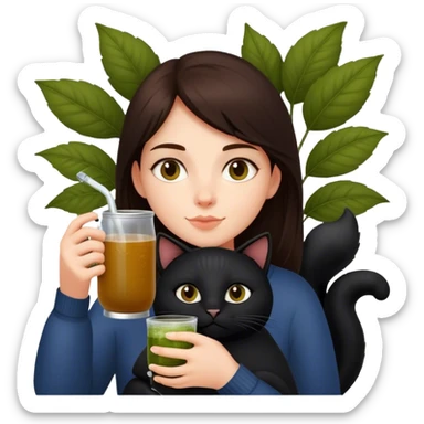 Brunette girl holding a big black cat and drinking a Yerba mate sticker