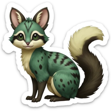 Dark-Green, black-pointed, soft natural realistic romantic vintage antique divine beautiful elegant pretty precious cute young youthful  Fakémon-Pokémon-alien-opossum-squirrel-feline-serval-caracal-chinchilla-Minccino-Cinccino-Meowstic-rodent-hybrid-creature with a big fluffy bushy tail (full body) sticker
