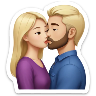 Asian girl kissing blonde man with brown beard sticker