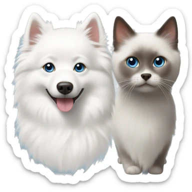 One white Japanese spitz with brown eyes and one small grey ragdoll cat with blue eyes  sticker