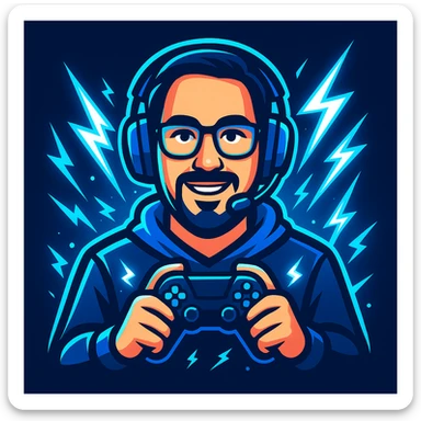 Create a modern, bold gaming logo based on the reference photo. Stylize the person with a cool gaming headset and holding a controller. Add glowing blue and white effects, with dynamic lightning accents. Use blue as the primary color. Make it energetic and suitable for a 'stream starting soon' background. sticker