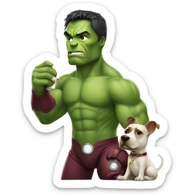 iron man holding dog dressed as hulk and smoking cigarette sticker
