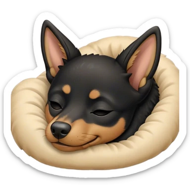 Meme-Worthy Cute Sleeping Black and Tan Kelpie Portrait Emoji, Head resting peacefully with a contented smile, showcasing a delightfully agile build and a luxuriously soft black and tan Fur, eyes shut in a serene nap, Simplified yet hilariously adorable features, highly detailed, glowing with a soft, drowsy light, high shine, relaxed and utterly lovable, stylized with an air of playful laziness, bright and heartwarming, soft glowing outline, capturing the essence of a comically sleepy herder, so meme-worthy it feels like it could instantly become the next viral sensation of adorable slumber! sticker