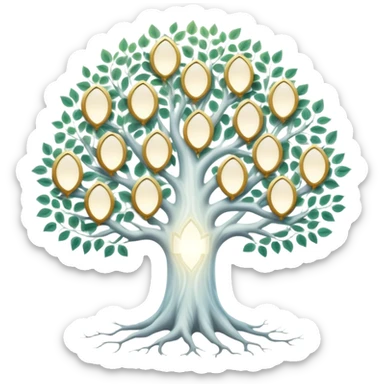 Mystical white tree with soft glowing portrait frames as leaves, ethereal genealogy connecting generations sticker