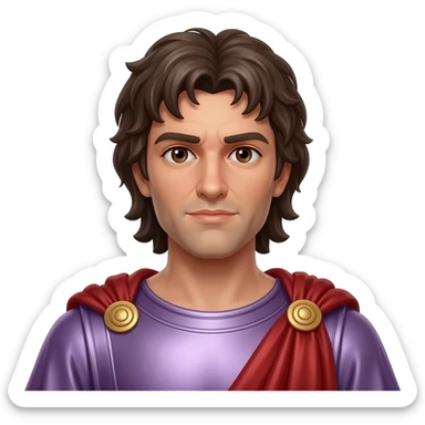 Hephaestion of Macedon from Rome Mythology with dark brown eyes, long dark brown hair, pale purple metallic tunic, red metallic cloak sticker