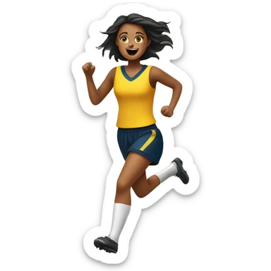 A girl running on a footy field with 2 girls and she has the footy sticker