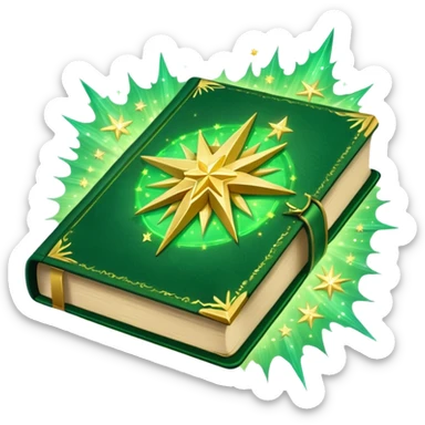 A **green, glowing book** with **golden edges**, floating with **sparkles and magical wisps** around it. The cover features a **golden starburst sigil**, symbolizing charm and radiance. ✨📖 sticker