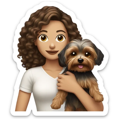 white women with curly medium length brunette hair, holding a cute yorkie dog sticker