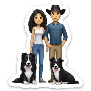Family formed by a White man on hat and a White woman with long black hair and a small black border collie dog sticker