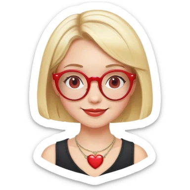 white girl head with short blonde bob hair, red round glasses, heart necklace, smiling sticker