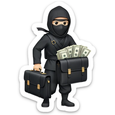 Masked ninja carrying a black briefcase overflowing with dollar bills sticker