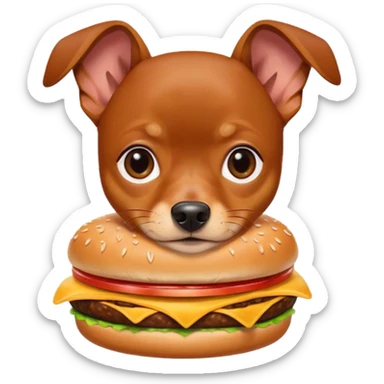Miniature pinscher dog with white paws eating a giant, juicy hamburger sticker