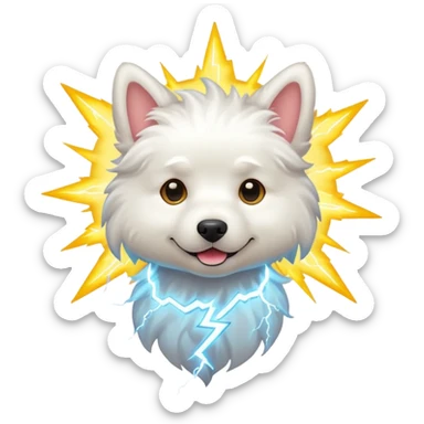 white fluffy dog with electric lightning sticker