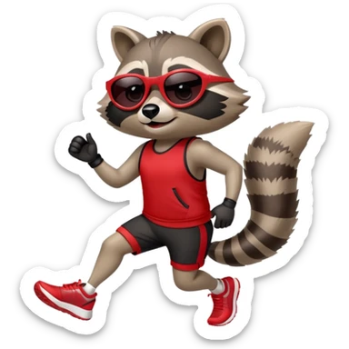 friendly anthropomorphised raccoon in sports wear, wearing dark sunglasses, jogging upright in standard pose sticker