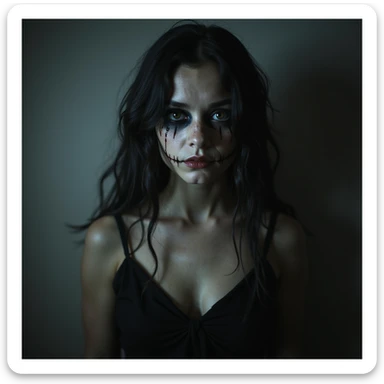 realistic horror portrait of a beautiful scary girl with supernatural beauty, unsettling expression, horror lighting, gothic style sticker