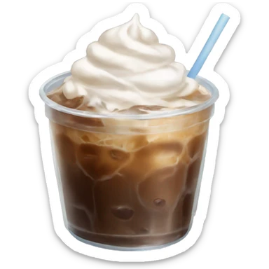 Large iced coffee in clear cup with ice and whipped cream sticker