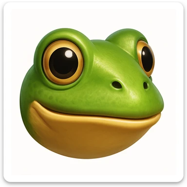 Create an emoji that looks exactly like the reference image in iOS emoji style. The emoji should have 3D appearance, shiny surface, smooth gradients, soft shadows, and a realistic green frog head with a classic emoji look. sticker