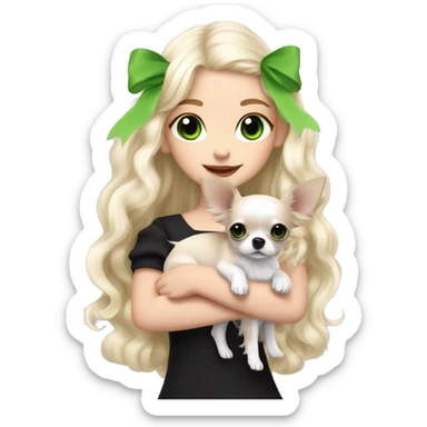 pale blonde girl with long platinum white wavy hair with bright green eyes and wearing a light pink hair bow holding a black and white long haired chihuahua puppy also wearing a hair bow sticker