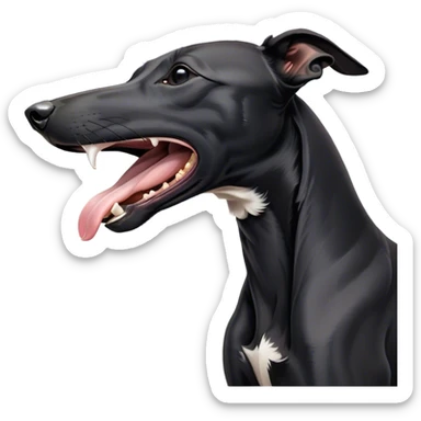 Cinematic Cute Yawning Black Greyhound Portrait Emoji, Head tilted slightly with a dramatic, wide-open yawn, showcasing a sleek black Fur with a polished finish, floppy ears slightly drooping, round dark eyes barely open in drowsy contentment, Simplified yet irresistibly adorable features, highly detailed, glowing with a soft, cozy glow, high shine, relaxed yet expressive, stylized with a touch of whimsy, bright and endearing, soft glowing outline, capturing the essence of a sleepy yet affectionate racer, so drowsy it feels like it could stretch out of the screen and curl up for a nap! sticker