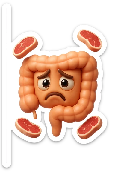 emoji stile iphone in 3d di un intestino triste con fette di carne che gli fluttuano intorno, gli occhi falli con la parte bianca pure, iperrealistico 4k sticker