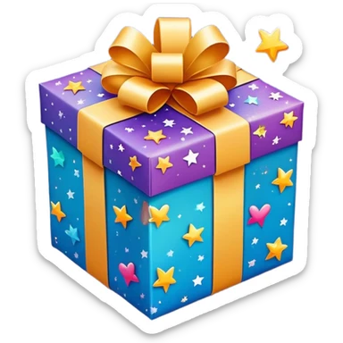 cute gift box with sparkling stars and hearts, smiling wrapping paper, vibrant colors, joyful and romantic mood sticker