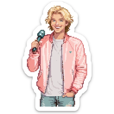 Expressive male performer, Caucasian features, tousled sandy blonde hair, lively eyes, wide cheerful smile, wearing a coral pink jacket over white tee, tossing a microphone in one hand, waist-up, front-facing sticker