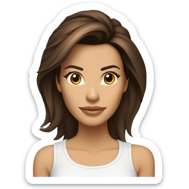 visage 3/4, contrasté, ombre, lumière, expression eva longoria, debout de loin, nez fin, femme brune, yeux noisette, longs cils, cheveux foncés dégradés épaule, t-shirt blanc, jean, baskets blanches sticker