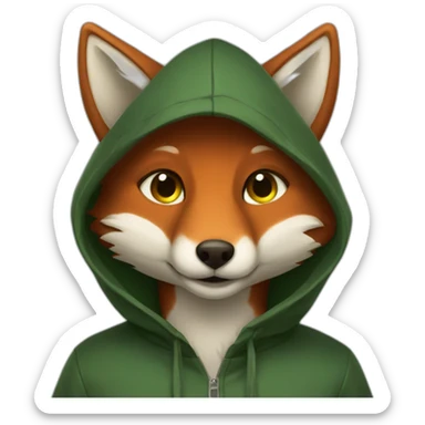 a small dark brown fox with orange eyes with a dark green hood that smile sticker