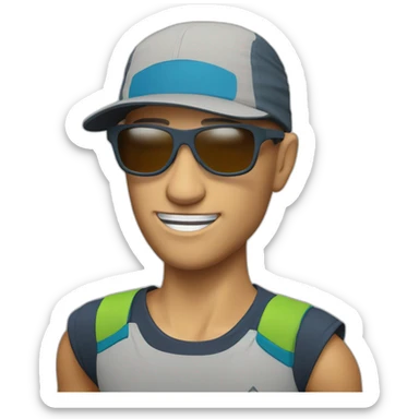 trail runner with cap a light Running Vest and a pair of sunglasses sticker