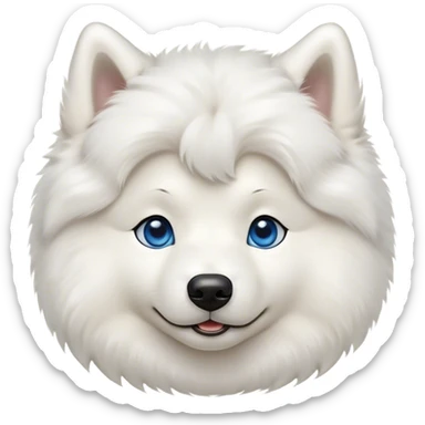 Cinematic Cute Samoyed Portrait Emoji, Head tilted playfully and inquisitively, featuring a fluffy, pristine white Fur with a natural sheen, round, sparkling blue eyes filled with curiosity, Simplified yet irresistibly adorable features, highly detailed, glowing with a warm, friendly glow, high shine, affectionate and lively, stylized with a touch of whimsy, bright and endearing, soft glowing outline, capturing the essence of a mischievous yet loving companion, so playful it feels like it could frolic out of the screen and into your arms! sticker