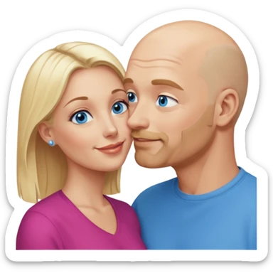 middle age bald man with salt and blonde scruff, blue eyes a.  Kissing blonde woman with blue eyes sticker