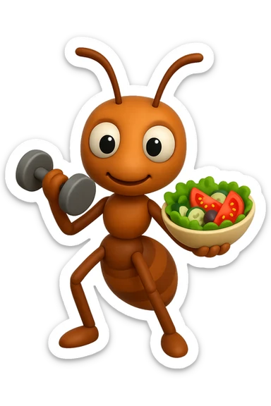 EMOJI STILE IPHONE 3D DI UNA formica CHE ha un manubrio da palestra nella mano destra e un insalata nella mano sinistra, FAGLI GLI OCCHI CON LA PARTE BIANCA, NON SOLO LA PUPILLA sticker