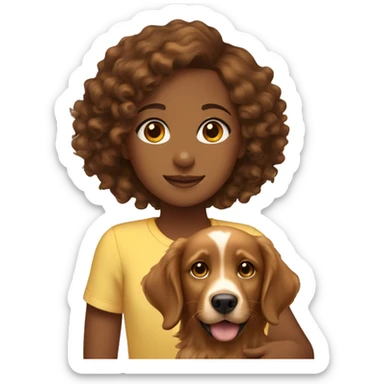 Brown girl with brown curly hair with a golden retriever puppy sticker