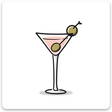 A classic martini glass with olive garnish in pastel colors (dd9fb0, ffc6d3, a3bfc9, c4bee2, f1b091), hand-drawn doodle style sticker
